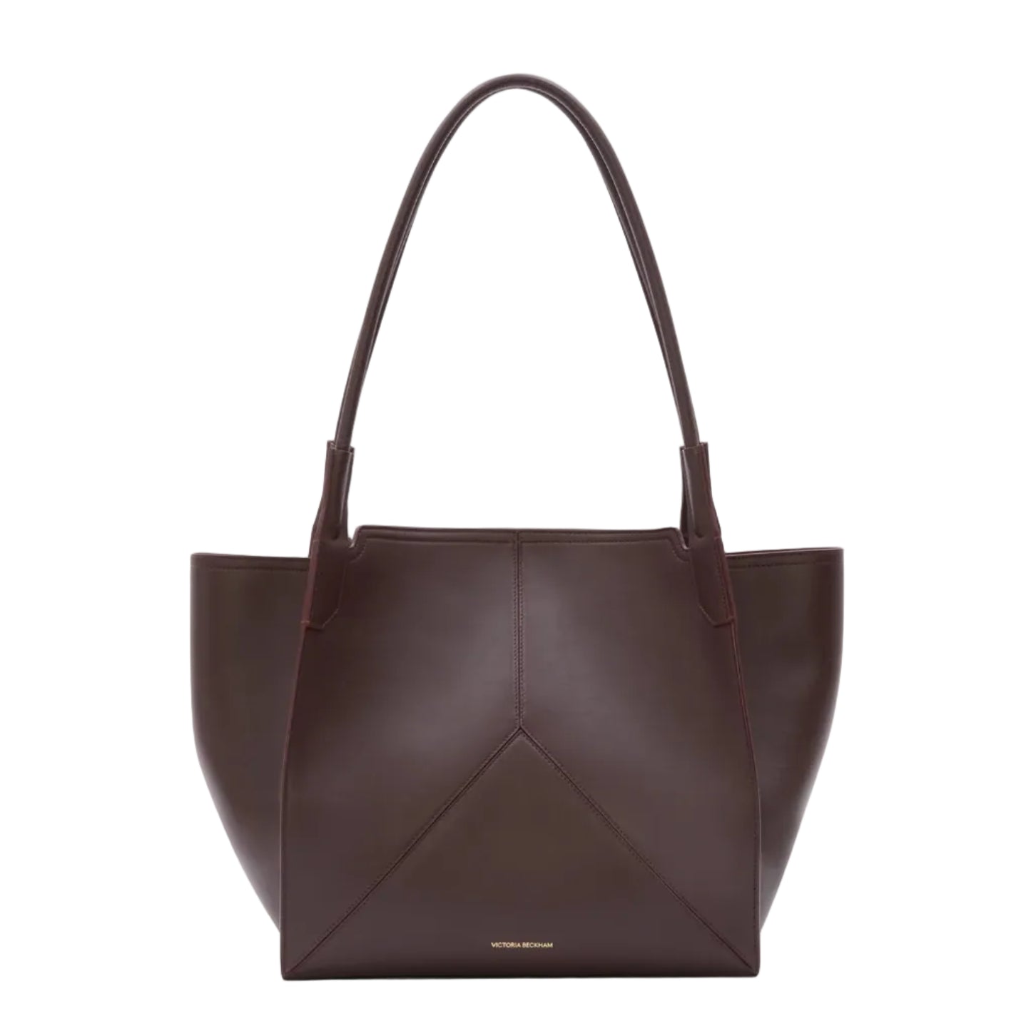 The Victoria Tote by Victoria Beckham is a dark brown Italian-crafted bag with two handles, a structured geometric design, and a luxurious suede-lined interior.