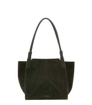 The Small Victoria Suede Tote by Victoria Beckham is an Italian-crafted dark olive bag with dual handles, a geometric front panel, and a discreet gold embossed logo near the base.
