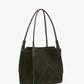 The Small Victoria Suede Tote by Victoria Beckham, crafted from dark olive suede with double handles and subtle seam detailing, is elegantly showcased against a plain white background.