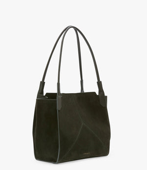 The Small Victoria Suede Tote by Victoria Beckham, crafted from dark olive suede with double handles and subtle seam detailing, is elegantly showcased against a plain white background.