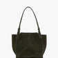 The Small Victoria Suede Tote by Victoria Beckham in dark olive features two handles and a structured, geometric design, shown on a plain white background.