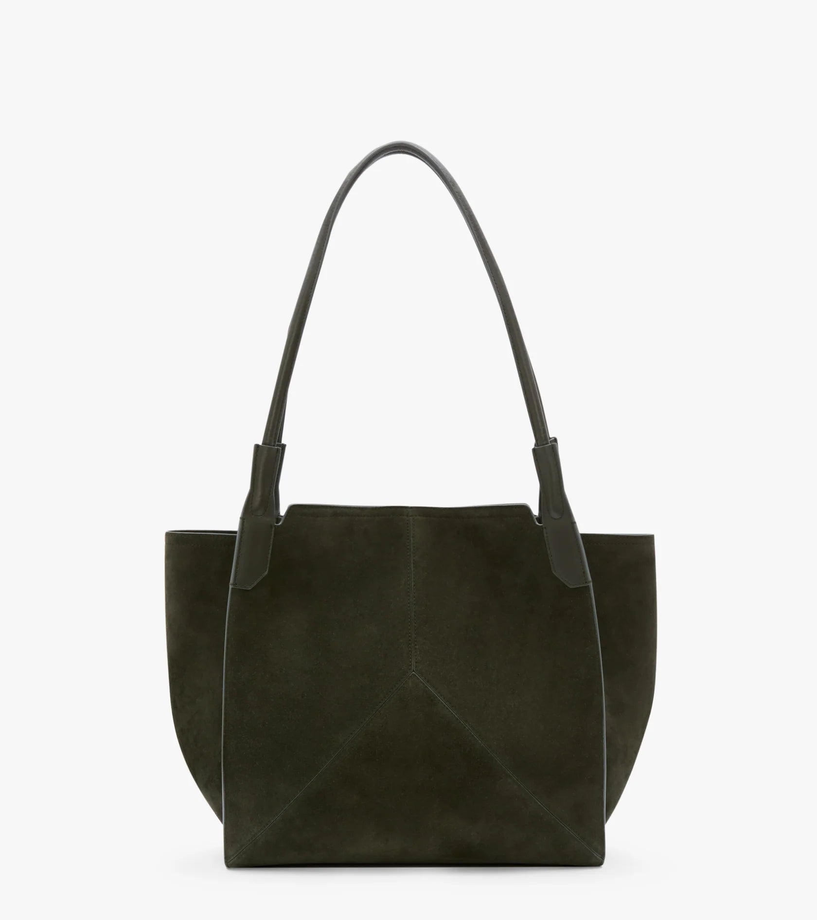 The Small Victoria Suede Tote by Victoria Beckham in dark olive features two handles and a structured, geometric design, shown on a plain white background.