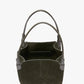 The Victoria Beckham Small Victoria Suede Tote in Dark Olive features double handles, an open top, and an interior pocket, shown against a plain white background.