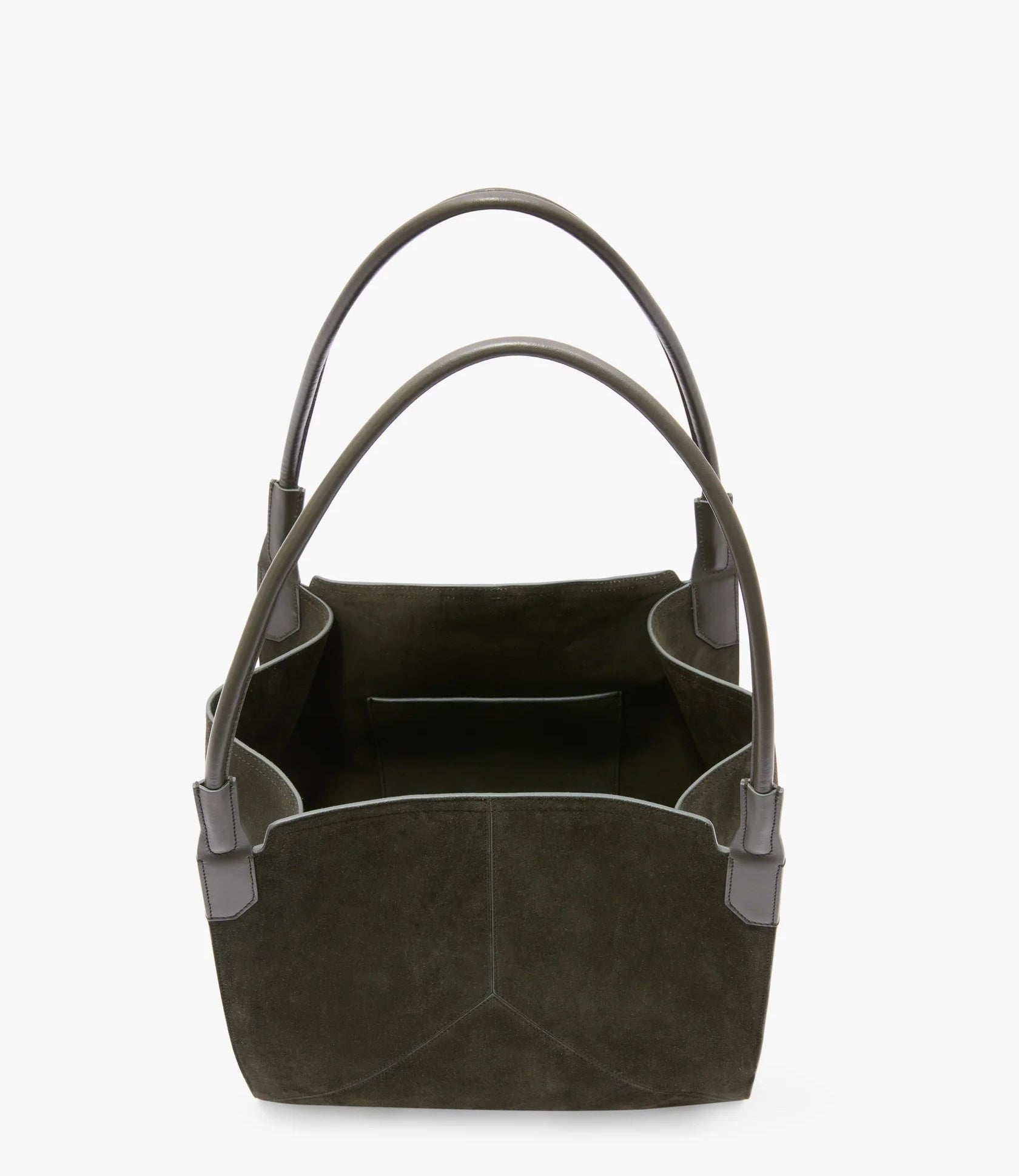 The Victoria Beckham Small Victoria Suede Tote in Dark Olive features double handles, an open top, and an interior pocket, shown against a plain white background.