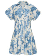 The Nash Mini Dress by Cara Cara features short sleeves, a button-down front, and a fit-and-flare silhouette with a blue floral print on white for a flattering look.