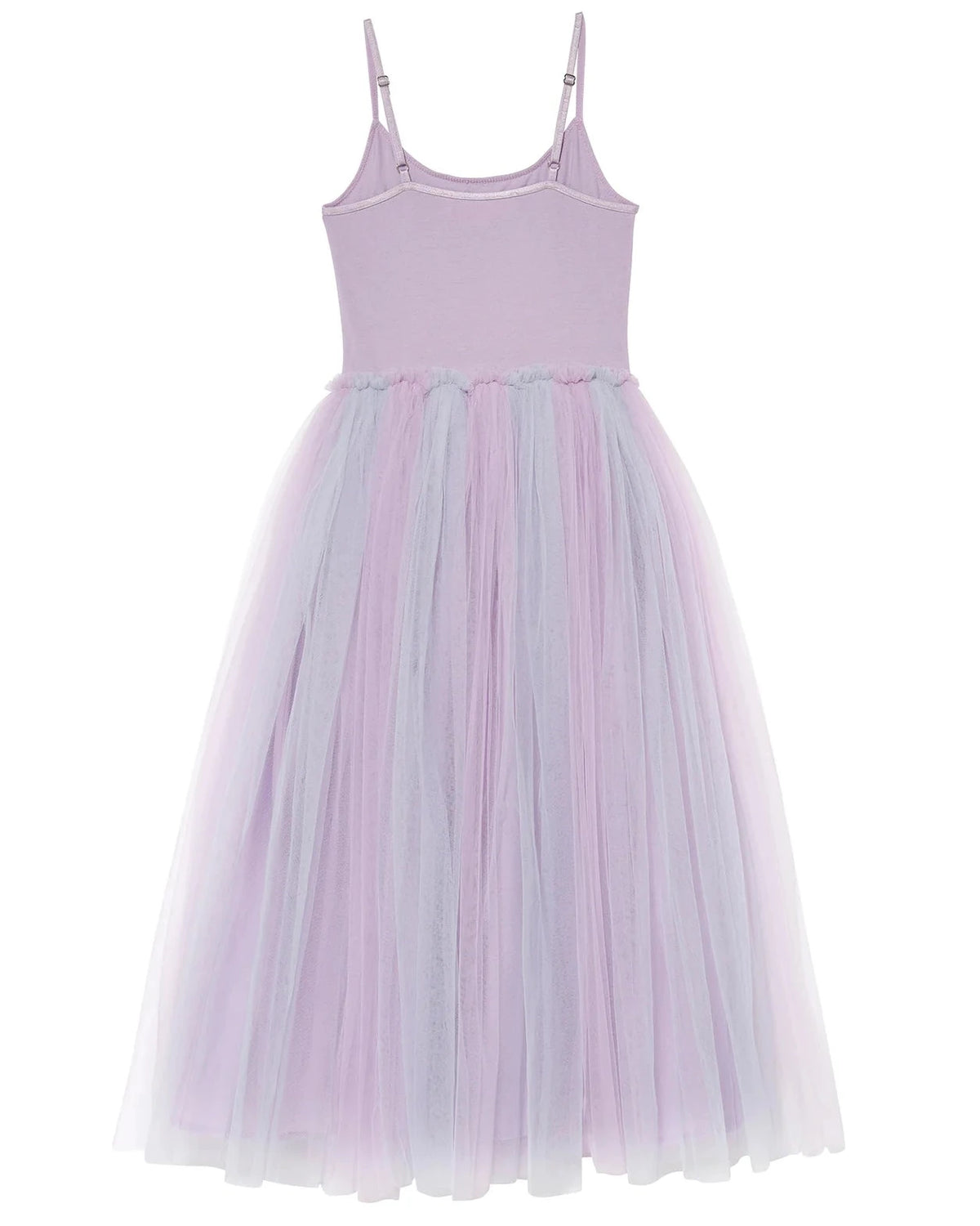 Sleeveless lavender Girls’ Goodspell Glimmer Tutu Dress by Tutu du Monde, featuring thin straps and a long, layered tulle skirt in shades of purple and white, displayed on a white background.