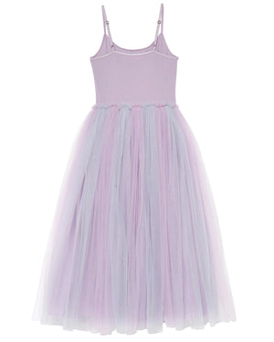 Sleeveless lavender Girls’ Goodspell Glimmer Tutu Dress by Tutu du Monde, featuring thin straps and a long, layered tulle skirt in shades of purple and white, displayed on a white background.