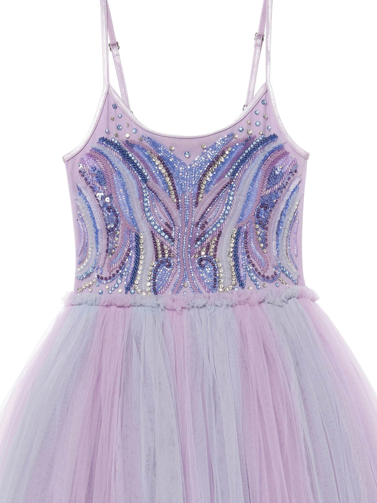 The Girls’ Goodspell Glimmer Tutu Dress by Tutu du Monde features a lavender and light blue sequin tutu design with spaghetti straps and an intricate bead and sequin butterfly pattern on the bodice.