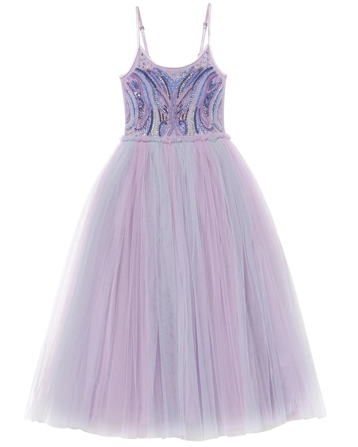 The Girls’ Goodspell Glimmer Tutu Dress by Tutu du Monde features delicate thin straps, a fitted sequin bodice adorned with blue and purple beaded accents, and a full, floor-length lavender tulle skirt. This enchanting design beautifully captures the essence of a classic purple tutu dress with its elegant and striking details.