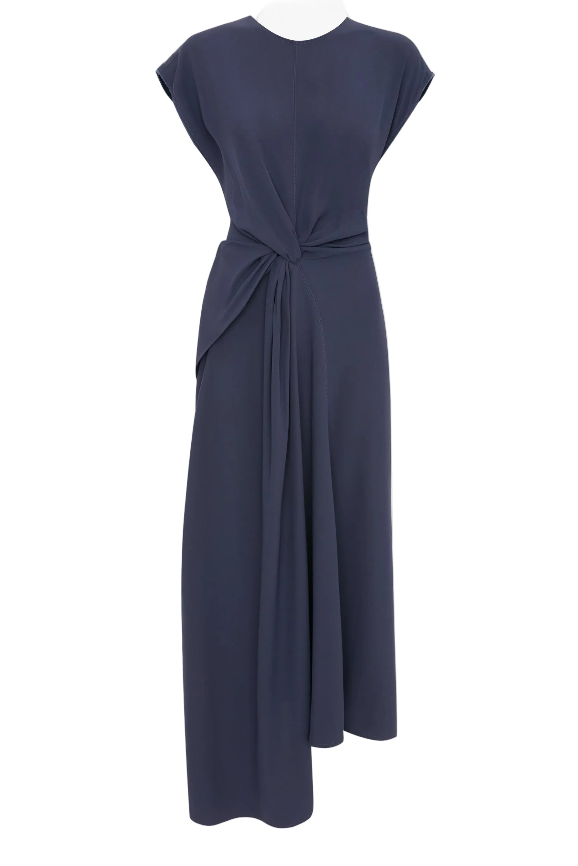 The Victoria Beckham Aria Twist Waist Dress is a sleeveless navy blue midi in luxe crepe back satin, with a round neckline and an asymmetrical draped knot at the waist for an Eclipse-inspired look.