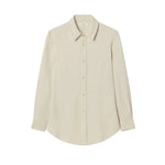 The CO Fitted Collared Shirt is a beige, long-sleeve, tailored button-up with a collar, shown on a white background.