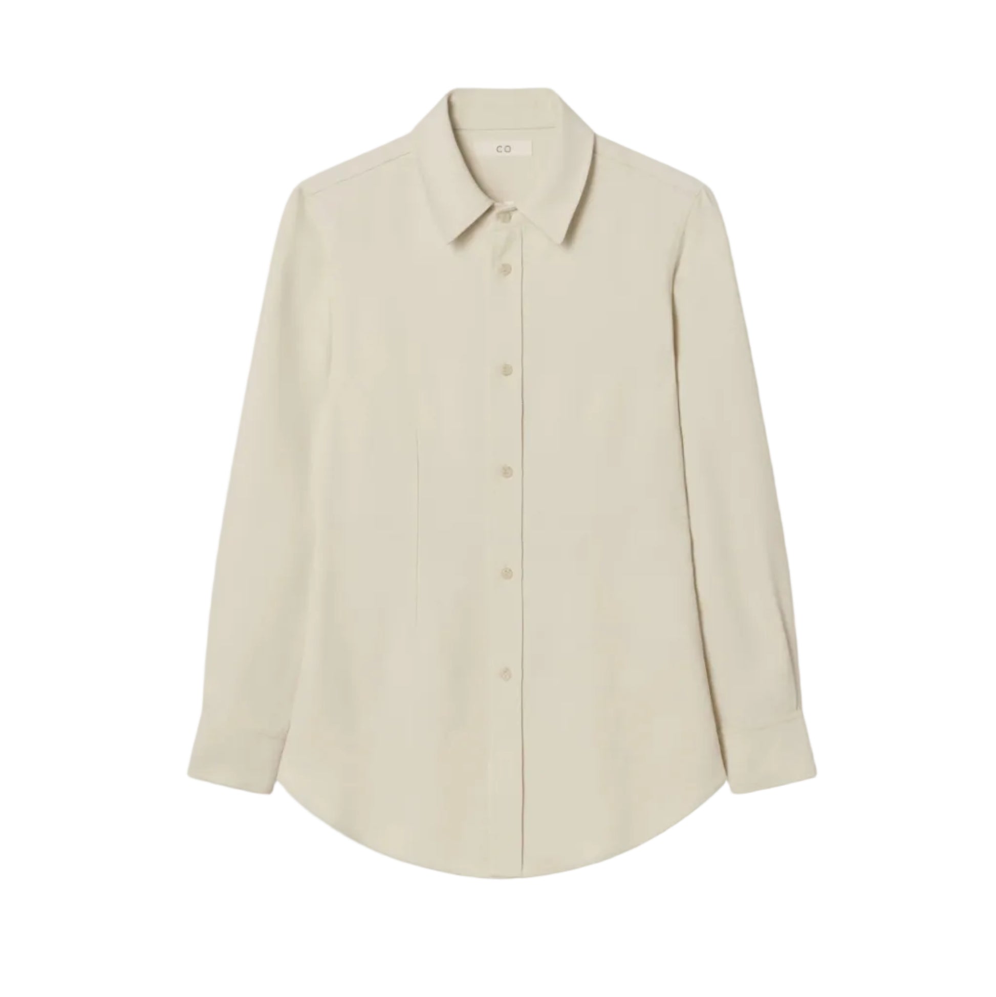 The CO Fitted Collared Shirt is a beige, long-sleeve, tailored button-up with a collar, shown on a white background.