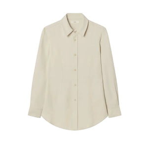 The CO Fitted Collared Shirt is a beige, long-sleeve, tailored button-up with a collar, shown on a white background.