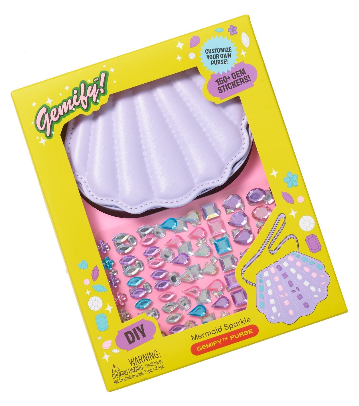 The Super Smalls Mermaid Gemify Purse is a shell-shaped kids bag in a yellow box, featuring over 150 gem stickers for creative DIY decoration.