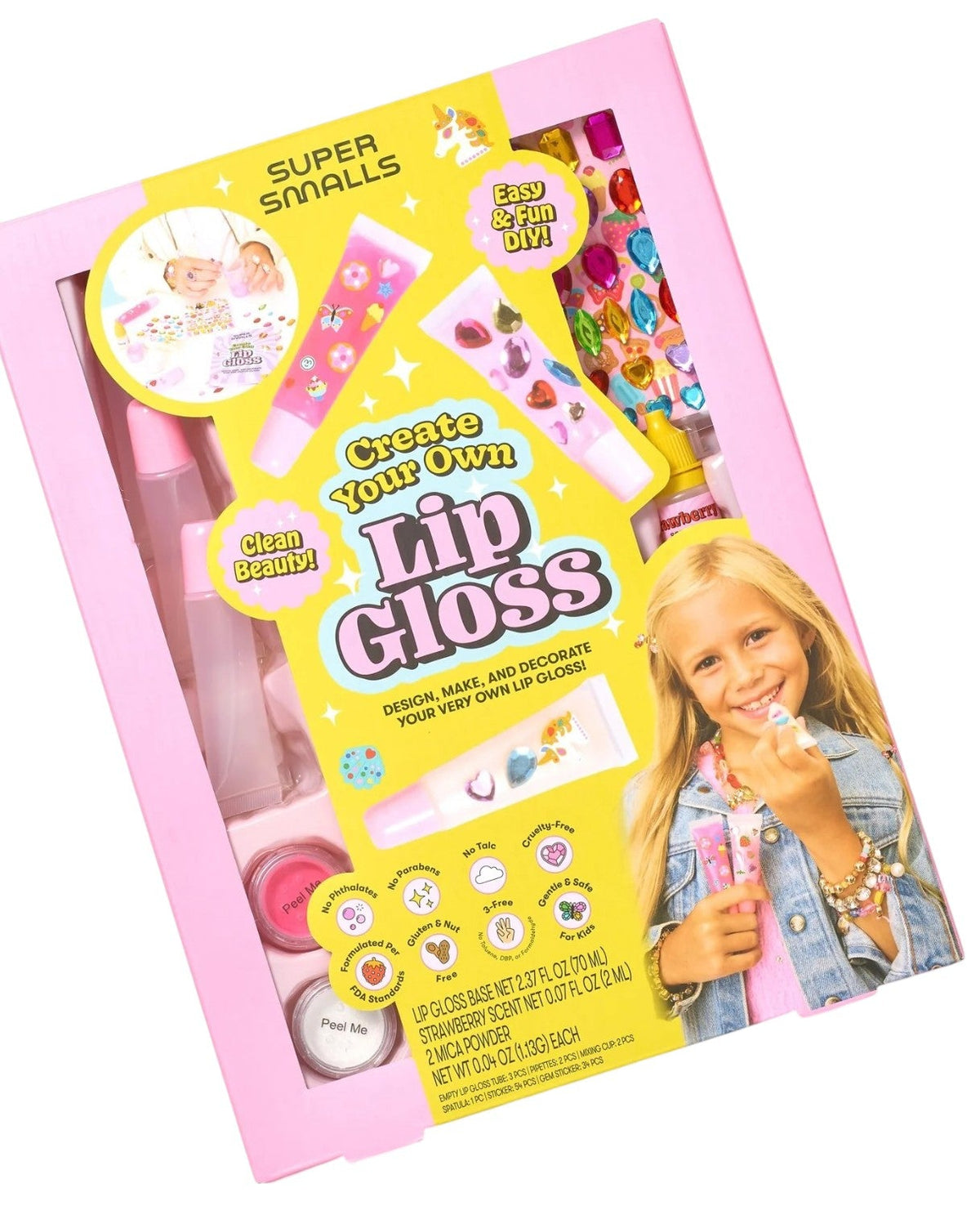 A pink Super Smalls Create Your Own Lip Gloss kit box packed with decorative supplies, sample glosses, and featuring a smiling girl holding completed lip gloss tubes—this playful DIY lip gloss set for kids uses kid-safe ingredients for creative fun.