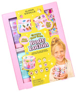 Super Smalls “Create Your Own Body Lotion” kit comes in a pink box and includes lotion jars, decorating supplies, and features a smiling child holding their custom-decorated jar. This kid-safe beauty set makes clean beauty easy and fun with simple DIY activities.