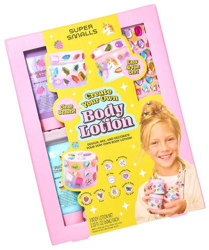 Super Smalls “Create Your Own Body Lotion” kit comes in a pink box and includes lotion jars, decorating supplies, and features a smiling child holding their custom-decorated jar. This kid-safe beauty set makes clean beauty easy and fun with simple DIY activities.