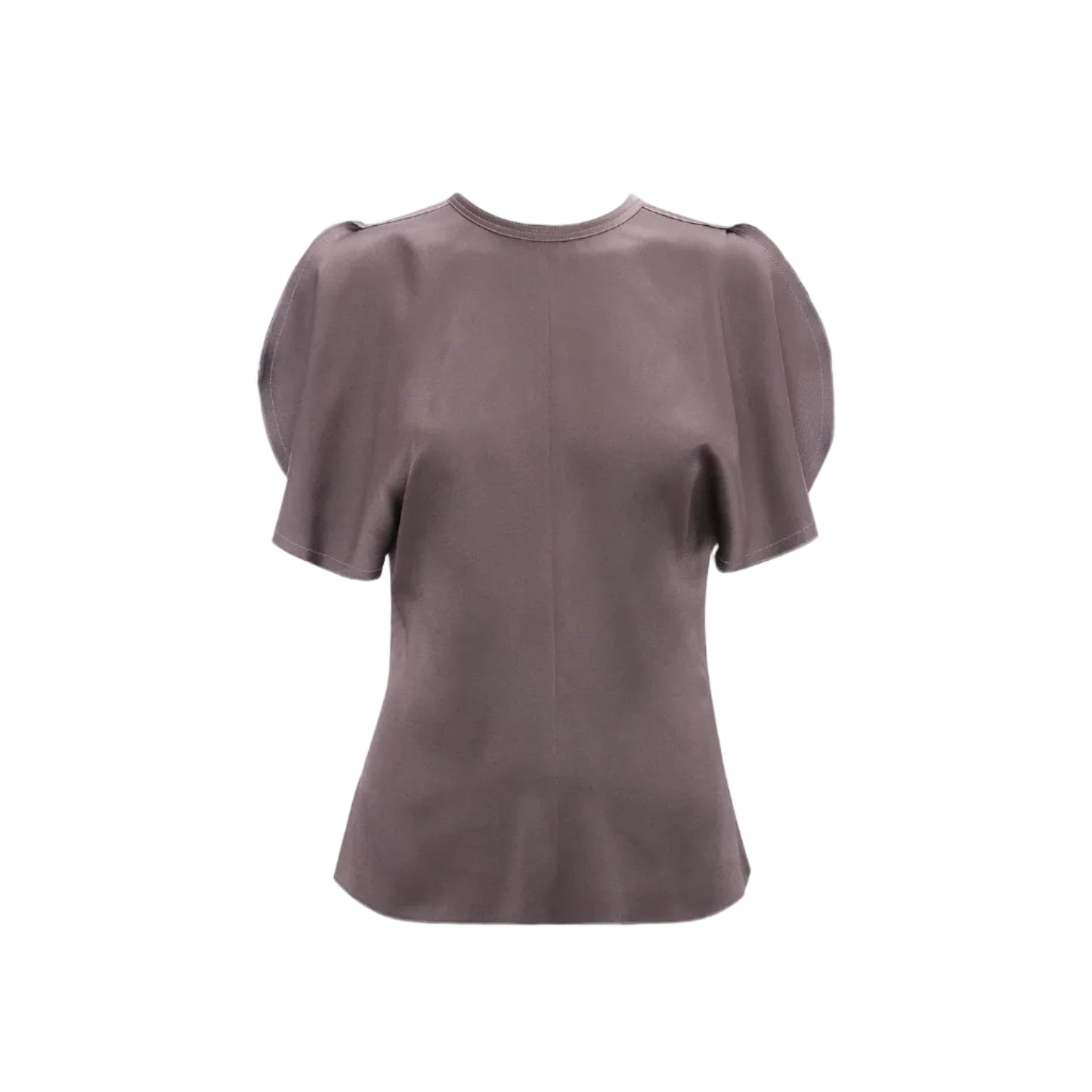 The Bela Top by Victoria Beckham is a short-sleeved, mauve blouse with puffed shoulders and a round neckline, made from grey crepe back satin and shown on a white background.