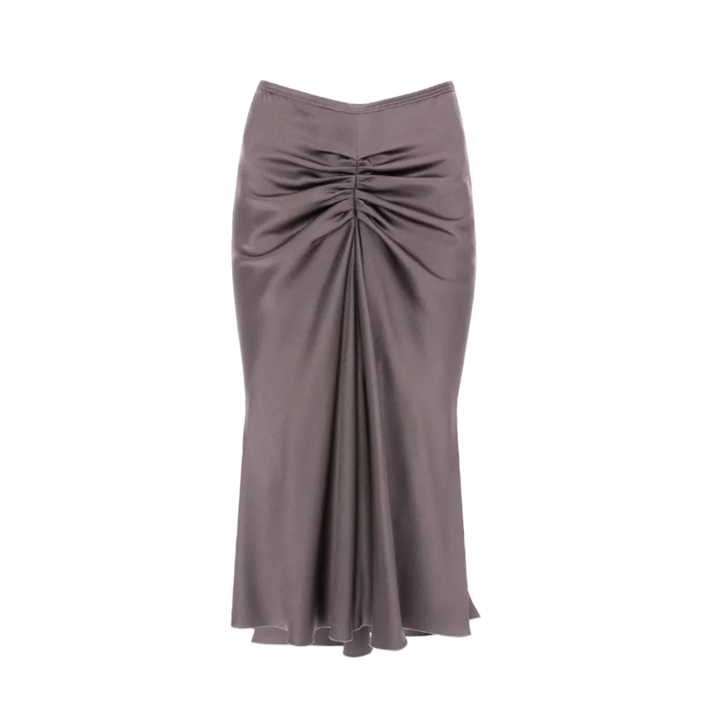 The Victoria Beckham Bela Skirt is a long, high-waisted taupe grey crepe back satin skirt with front ruching and a slight flare at the hem for a polished look.