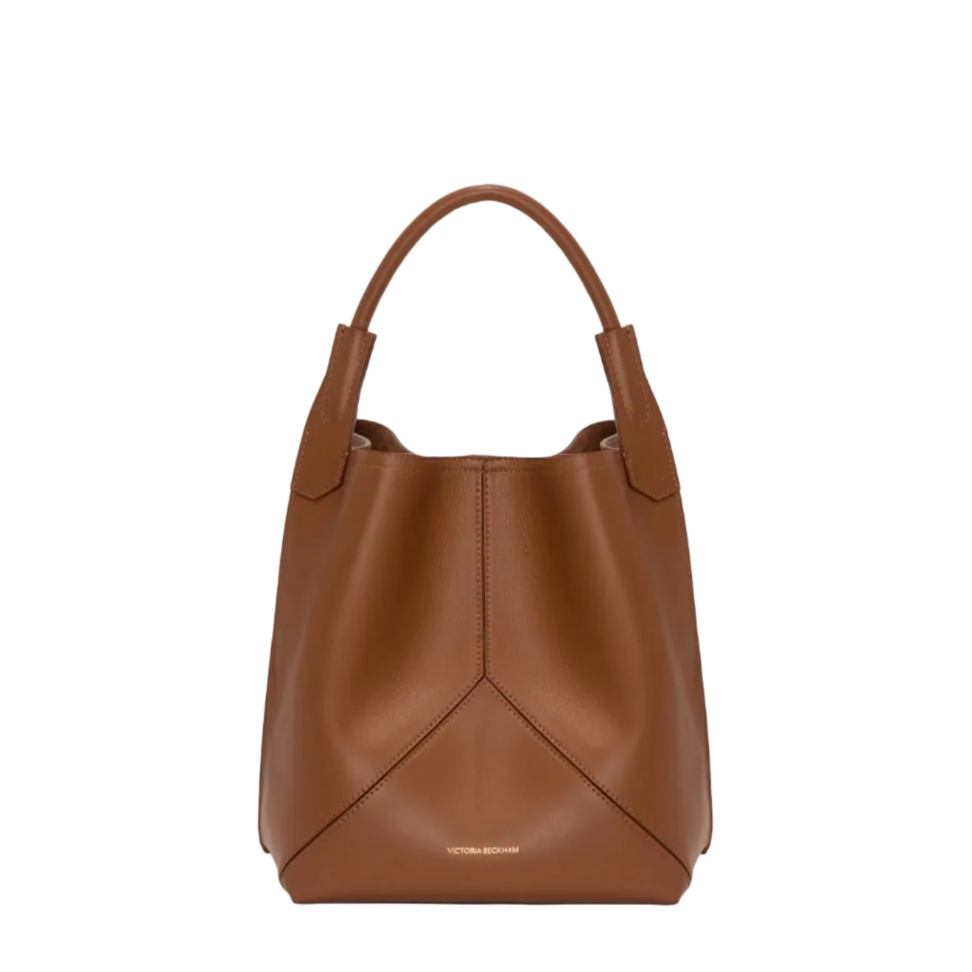 The Victoria Bucket by Victoria Beckham features a modern look in dark tan nappa leather, with a single handle, visible seam details, and the brand’s logo on the lower front.
