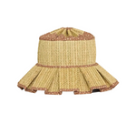 Introducing the Luxe Beauty Point Hat by Lorna Murray: a stylish wide-brimmed woven straw sun hat, adorned with brown polka dot fabric trim along the top and brim and a distinctive pleated design—an essential UPF 50+ accessory for chic travel.