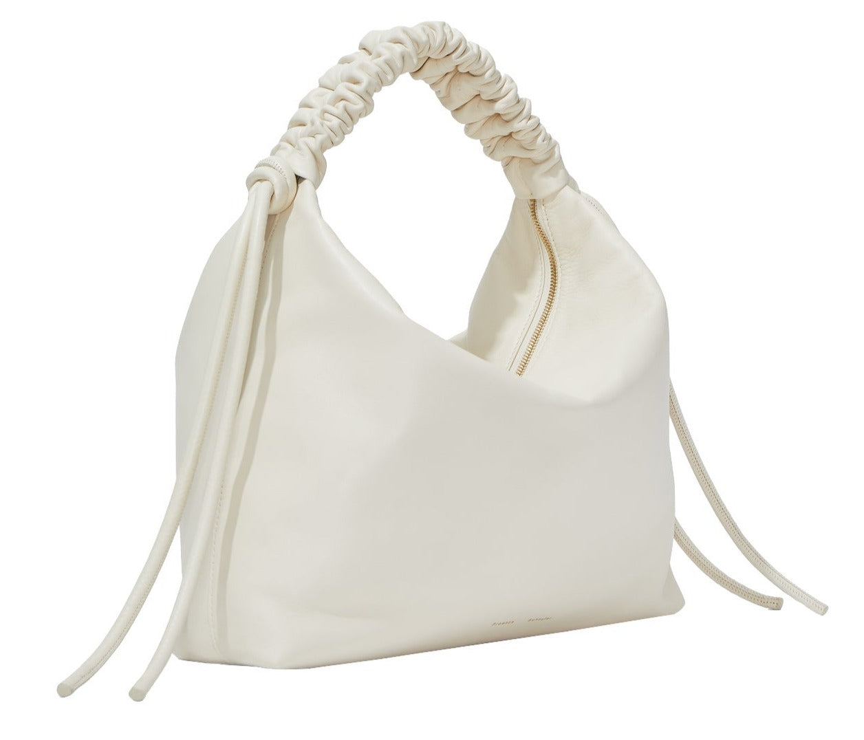 The Proenza Schouler Medium Drawstring Shoulder Bag is crafted from smooth leather and showcases a slouchy white design with a ruched handle and drawstring sides. This minimalist piece is tastefully accentuated by a subtle gold foil logo.