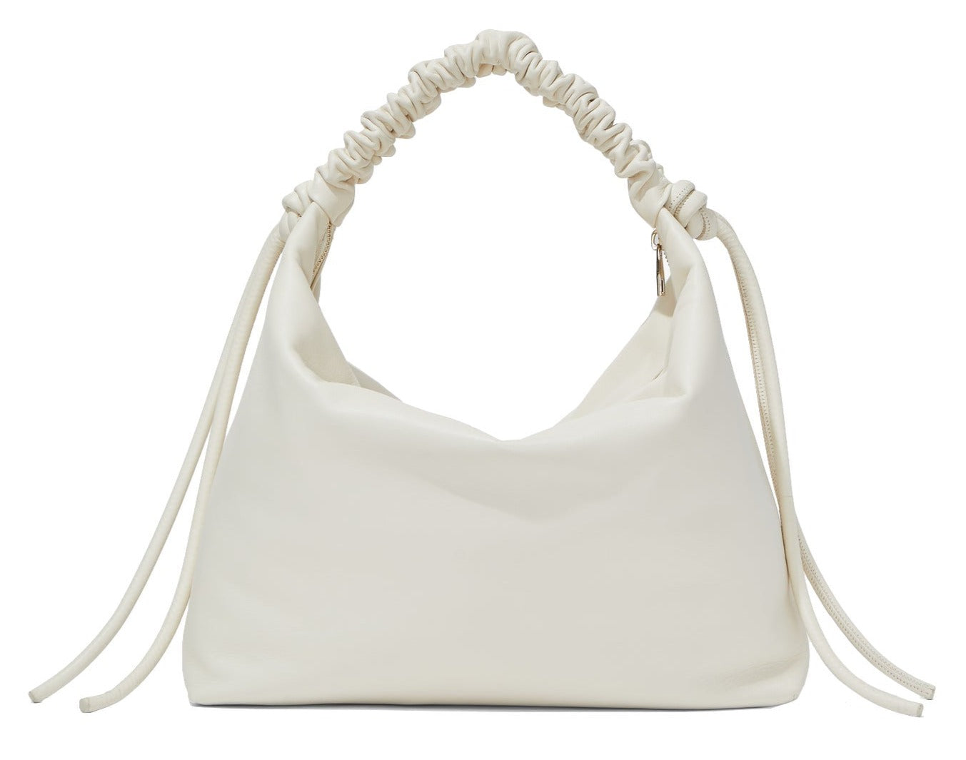 The Proenza Schouler Medium Drawstring Shoulder Bag is a white medium shoulder bag made from smooth leather, featuring a ruched handle and drawstring details on both sides, finished with an elegant gold foil logo.