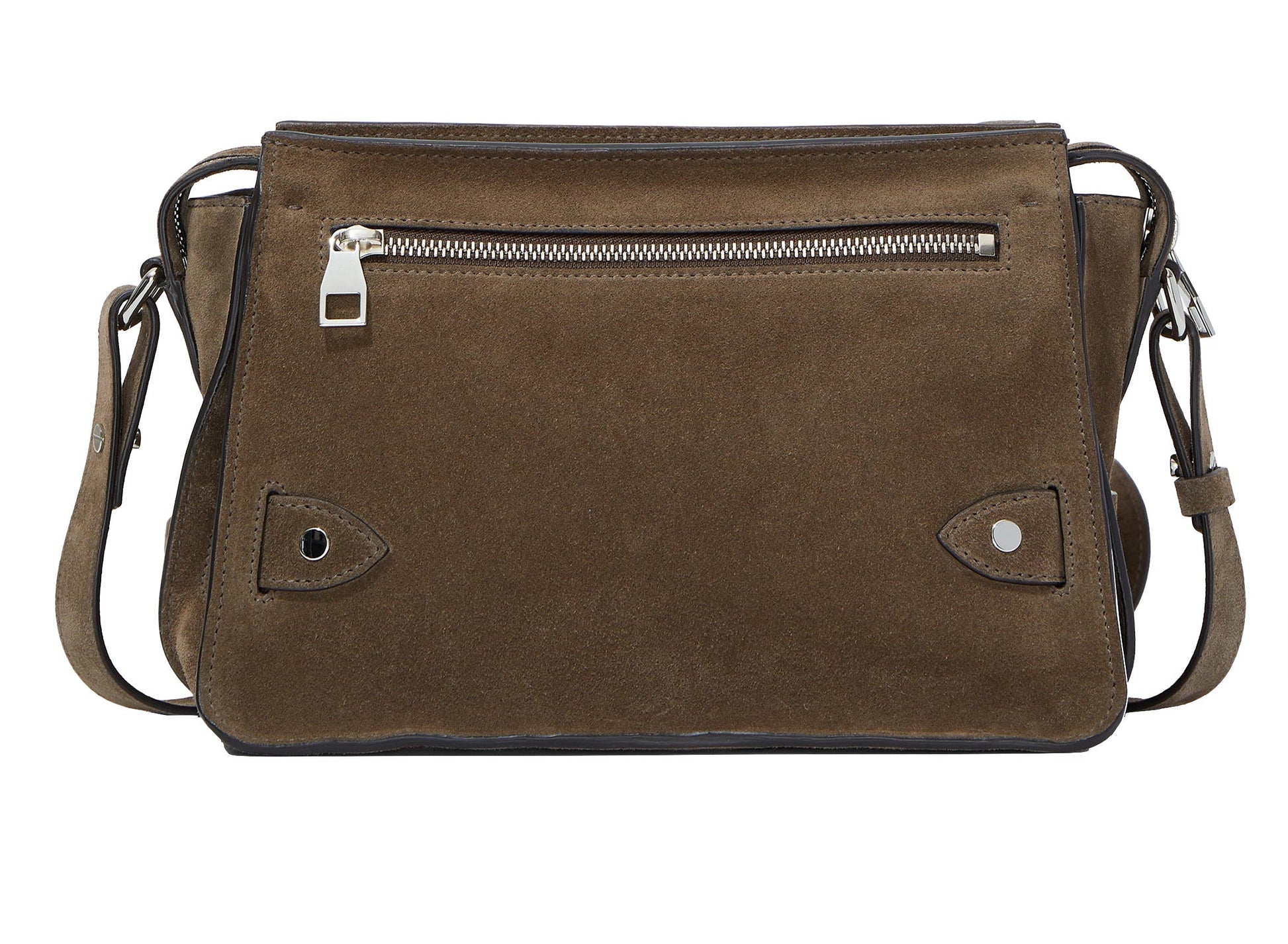 Brown Proenza Schouler Suede Beacon Saddle Bag with front zipper pocket and adjustable strap.