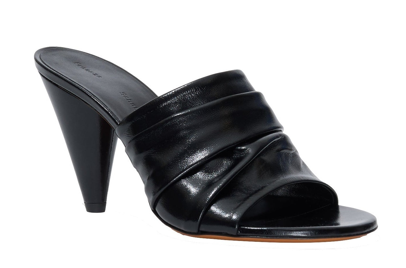 A high-heeled black patent leather mule from Proenza Schouler called the Gathered Cone Sandals, featuring an 85mm cone-shaped heel and ruched detailing on the upper.