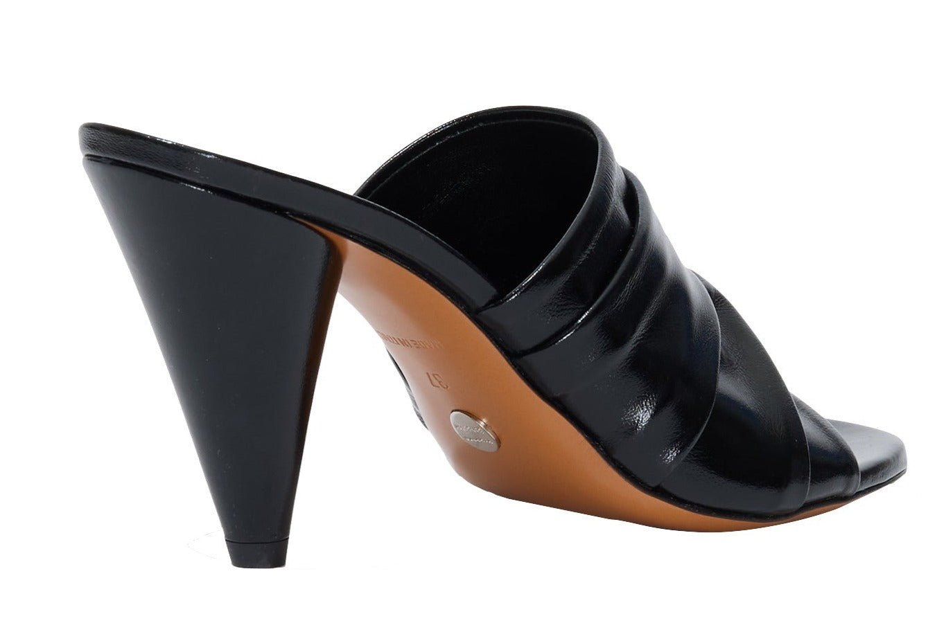 The Proenza Schouler Gathered Cone Sandals by Proenza Schouler are black high-heeled mules with an 85mm heel, a glossy patent leather finish, a distinctive cone-shaped heel, and a tan sole.