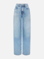 The Off Duty Drawstring Bow by Frame: light blue high-waisted wide-leg jeans in lightweight denim with front pockets, belt loops, and a drawstring tie at the waist, shown on a white background.
