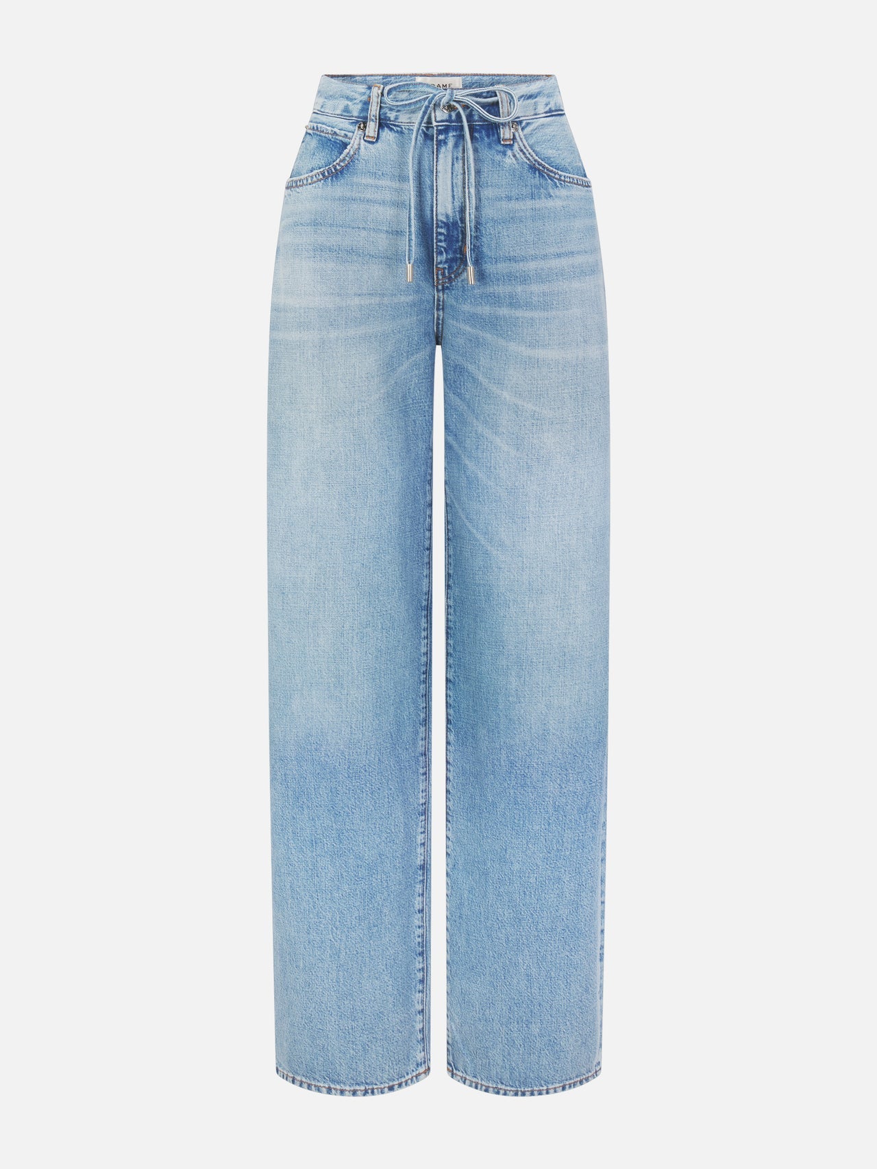 The Off Duty Drawstring Bow by Frame: light blue high-waisted wide-leg jeans in lightweight denim with front pockets, belt loops, and a drawstring tie at the waist, shown on a white background.