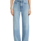Person wearing The Off Duty Drawstring Bow high-waisted wide-leg jeans by Frame, styled with a cropped short-sleeve top and black open-toe shoes. The high-rise waist flatters the look; face not shown.