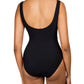 A woman with long dark hair is shown from the back in the Karla Colletto Smart Surplice One Piece swimsuit, highlighting its timeless silhouette against a white background.
