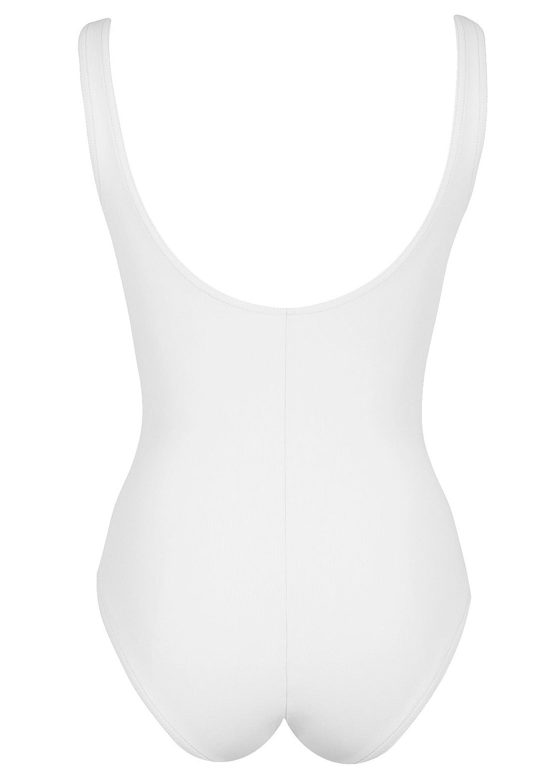 A back view of the Karla Colletto Basics Surplice Underwire Tank by Karla Colletto, a white Lycra® one-piece swimsuit featuring a low scoop back and wide shoulder straps, offering moderate coverage.