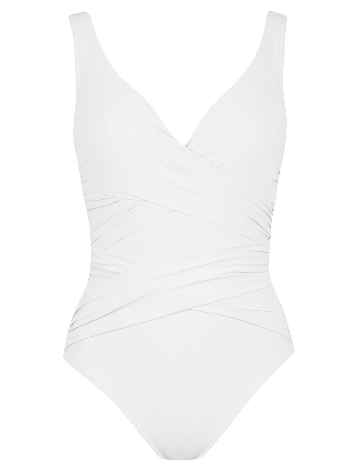 White Karla Colletto Basics Surplice Underwire Tank crafted from Lycra® featuring a V-neck and crisscross design detail on the front, offering moderate coverage.