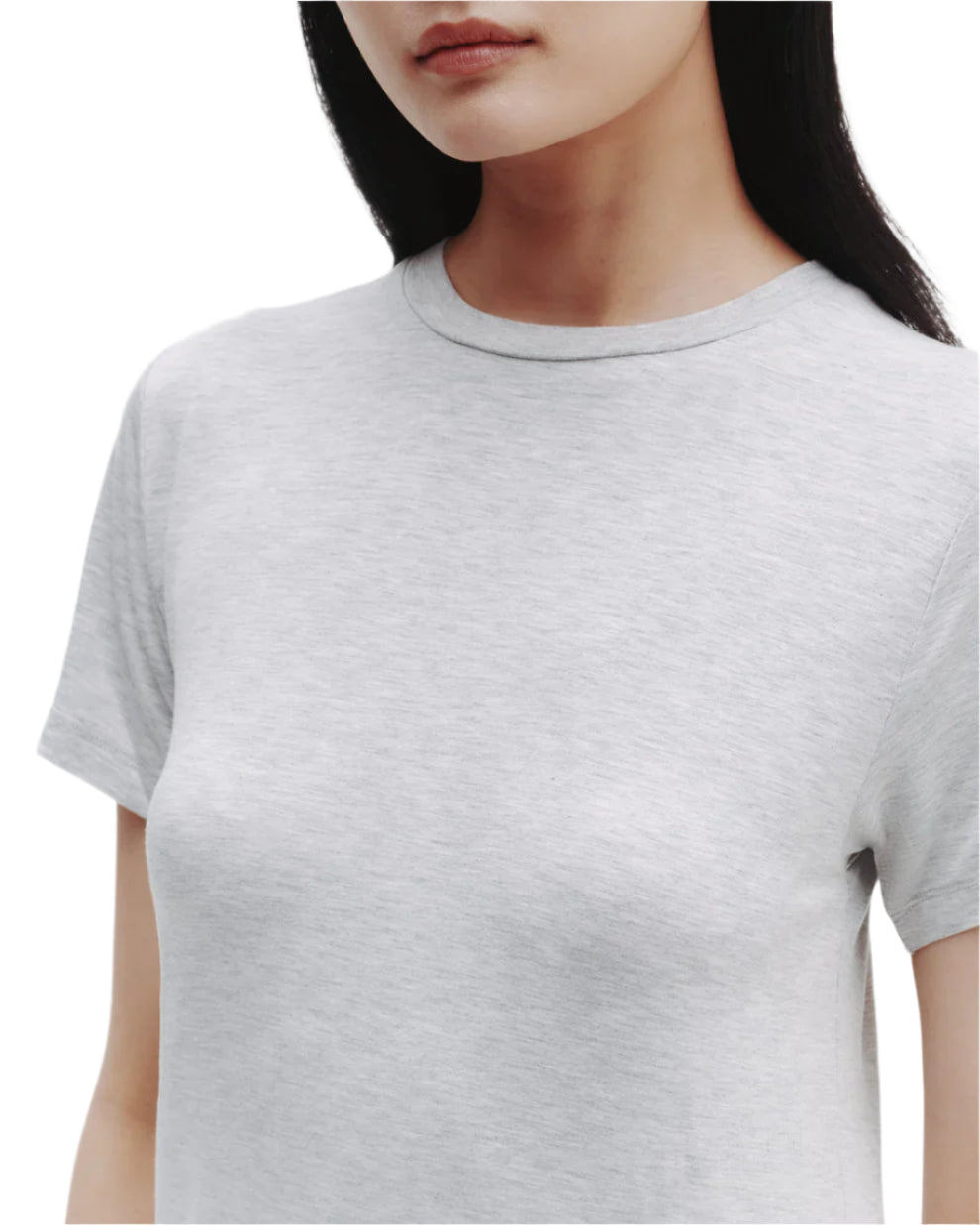 A person wearing the TWP His Tee, a plain light gray crewneck t-shirt crafted from ultra-soft cotton, is shown from shoulders to mid-torso with a neutral expression.