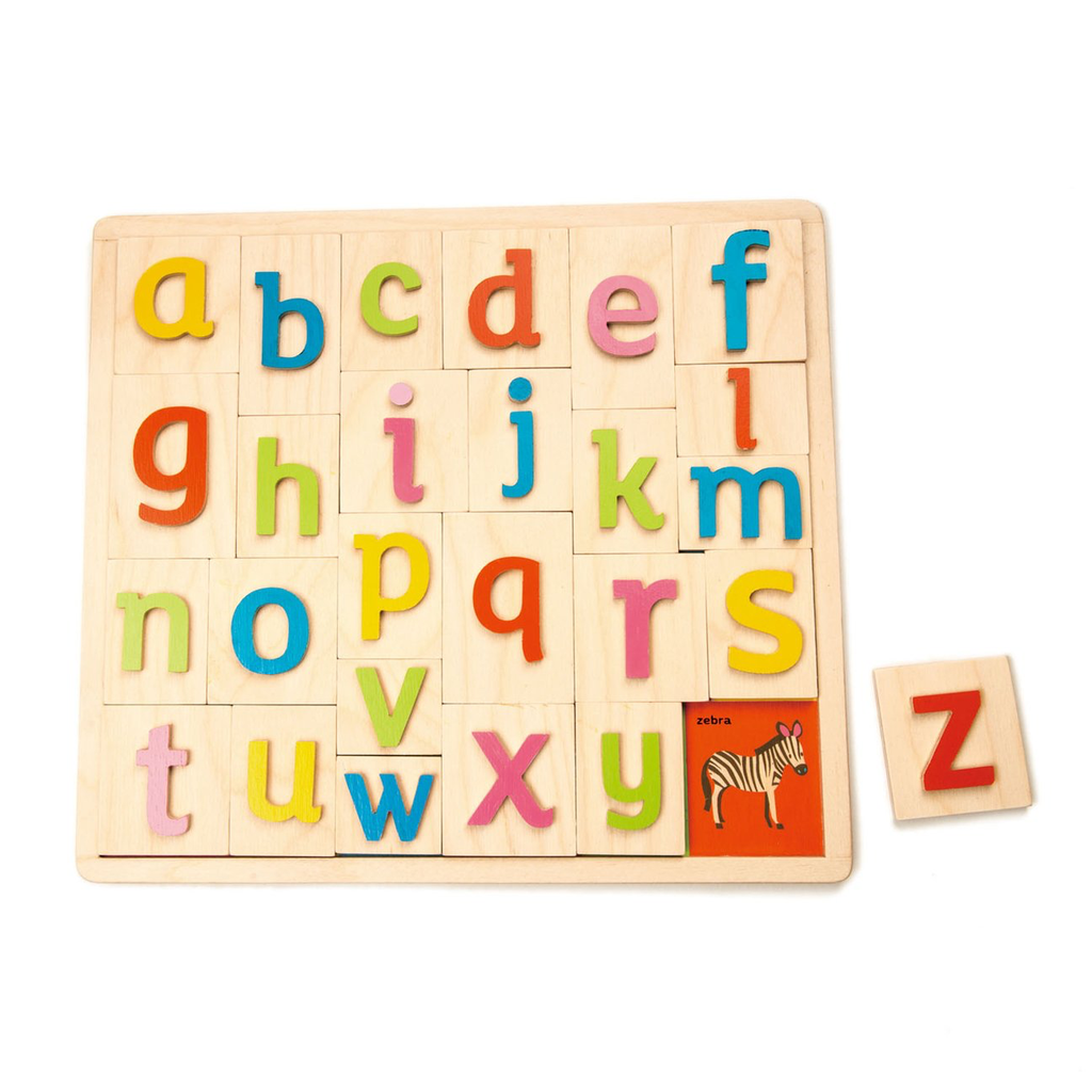 This Tenderleaf Alphabet Pictures puzzle features 3 dimensional letters on a Tender Leaf Toys alphabet tray, perfect for developing language skills.