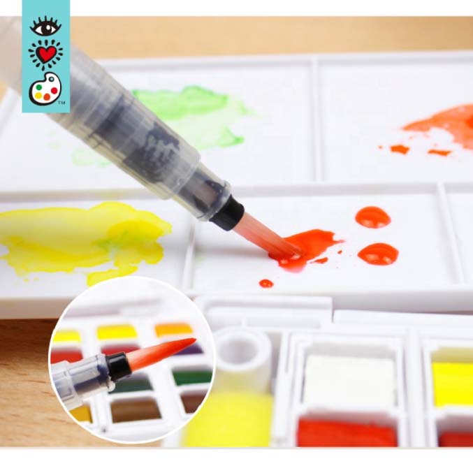 A set of Bright Stripes watercolors on a tray with a brush, perfect for creating beautiful art.