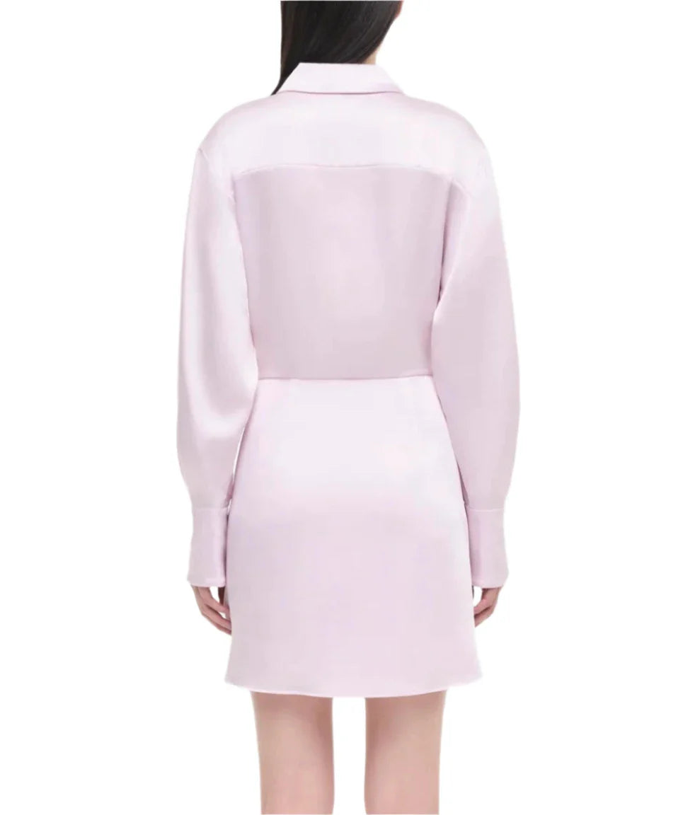 A person showcases a modern silhouette in the Simkhai Talit Draped Front Mini Dress, featuring a subtly draped front design in light pink satin, viewed from the back.