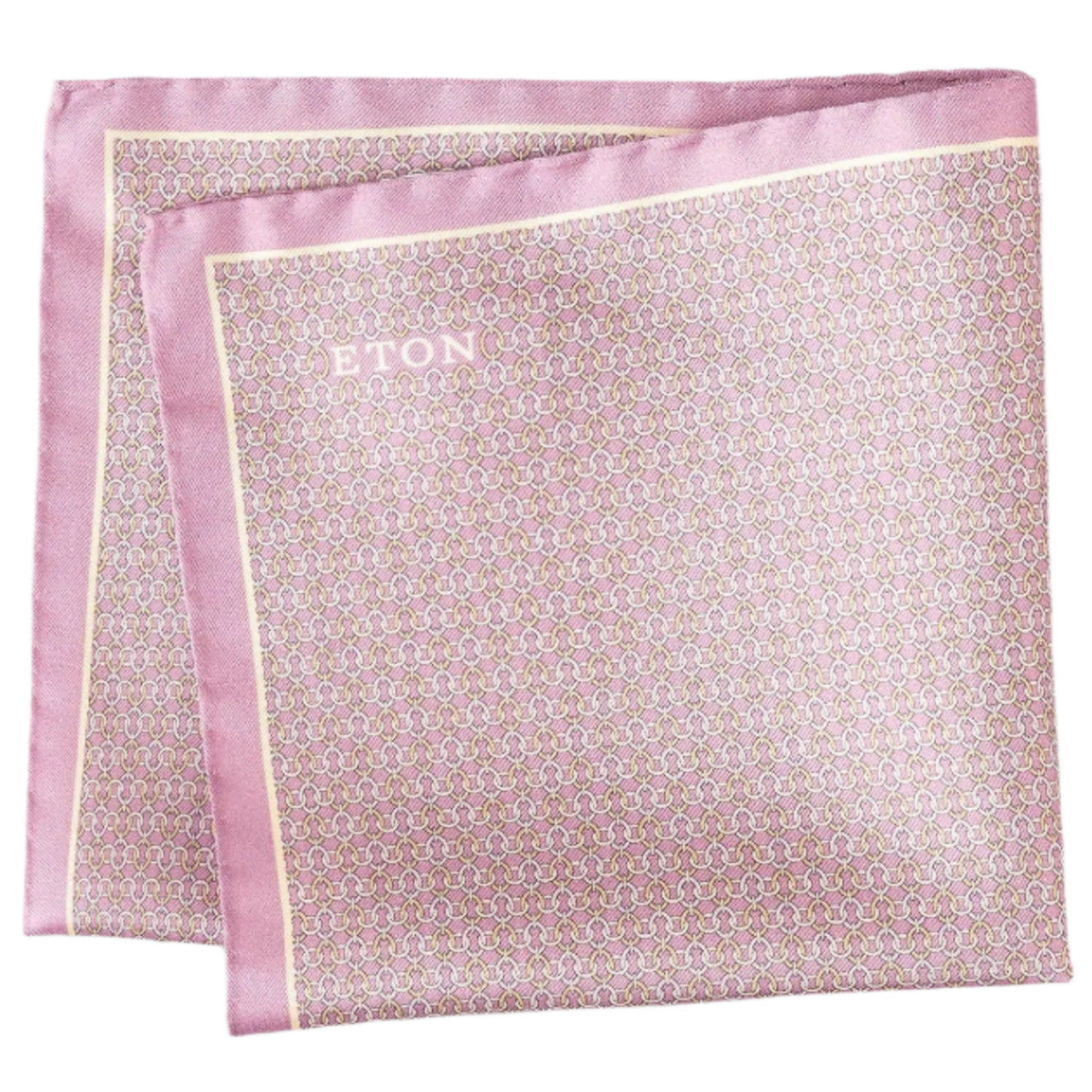 The Eton Geometric Silk Pocket Square features a pink hue, small geometric print, and thin border with the brand name in one corner. Made in Italy.