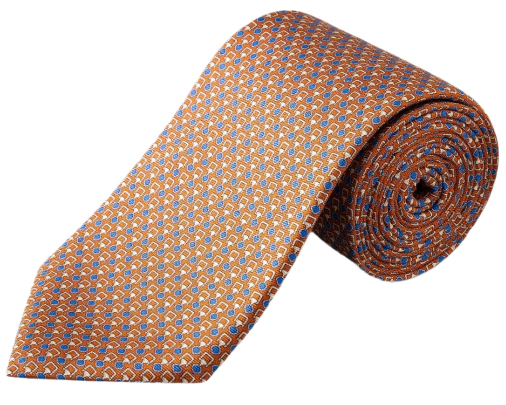The Eton Geometric Print Silk Tie is crafted from refined twill and features a rolled-up orange design with blue and white geometric accents.