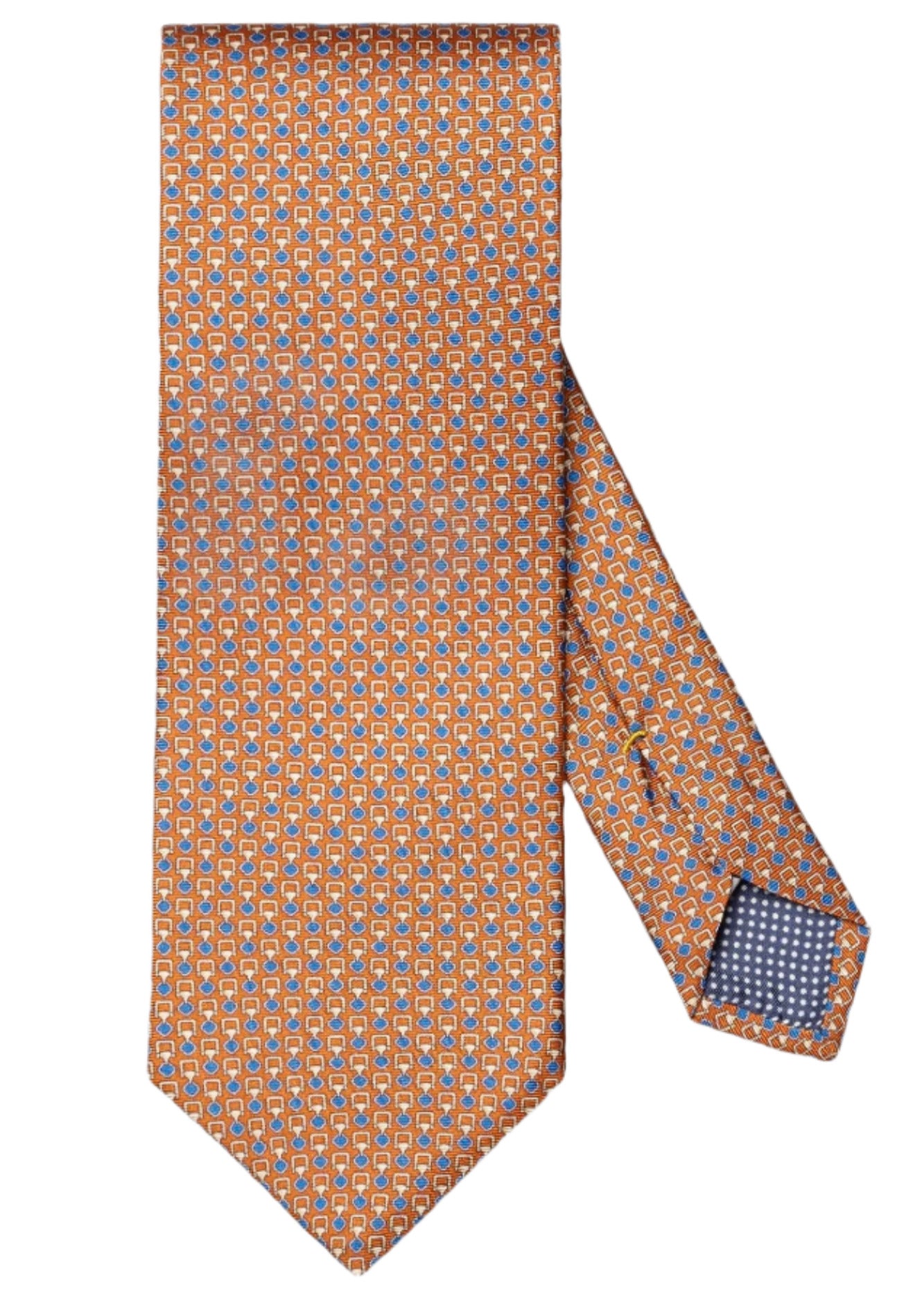 The Eton Geometric Print Silk Tie features an orange and blue geometric pattern, shown flat with its narrow end crossed over the wide end.