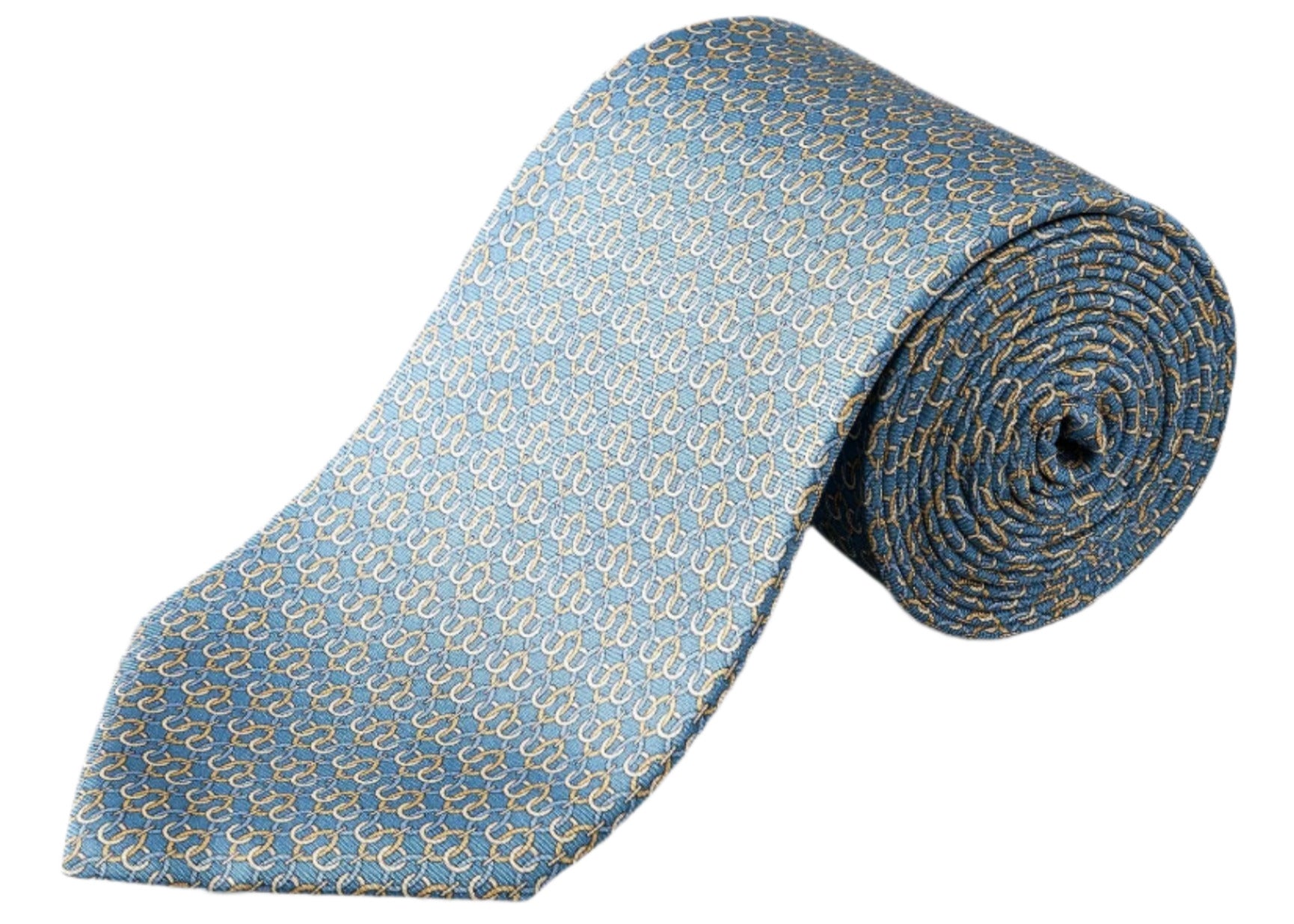 The Eton Geometric Print Silk Tie features a blue silk base with yellow and white geometric patterns, ideal for classic suiting. Shown rolled up on a white background.
