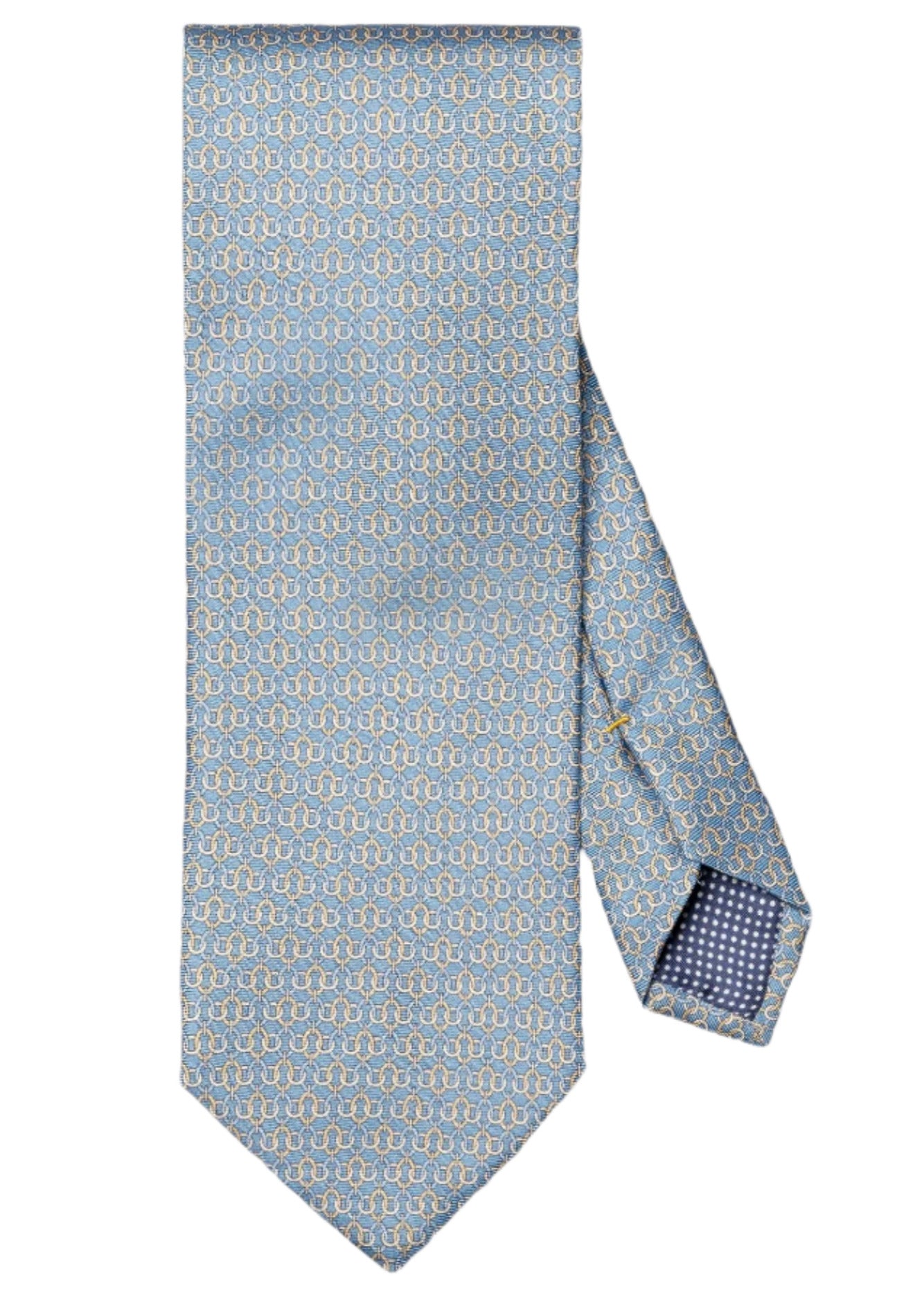 Eton Geometric Print Silk Tie in light blue features a yellow geometric pattern and a contrasting navy and white polka dot lining at the tip.