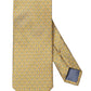 The Eton Geometric Print Silk Tie features a yellow base with blue and white small geometric patterns, classic suiting style, and a navy lining with white dots at the inside tip.