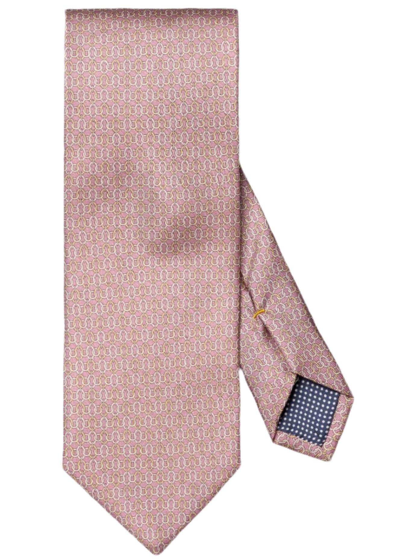 The Eton Geometric Print Silk Tie features a light pink tone with a subtle geometric pattern and a contrasting navy blue underside adorned with white dots—ideal for classic suiting.