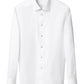 The Eton Slim Cut Away Medallion Effect Signature Twill Shirt is a white organic cotton dress shirt with long sleeves, a spread collar, and beige buttons, showcased against a plain background.