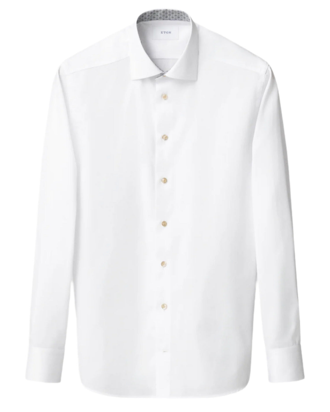 The Eton Slim Cut Away Medallion Effect Signature Twill Shirt is a white organic cotton dress shirt with long sleeves, a spread collar, and beige buttons, showcased against a plain background.