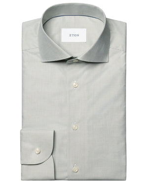 The Eton Slim Wide Spread Micro Check Twill Shirt is a light gray, wrinkle-resistant organic cotton shirt with a classic collar, buttoned cuffs, and subtle micro-pattern, featuring the "Eton" label on the inside collar.